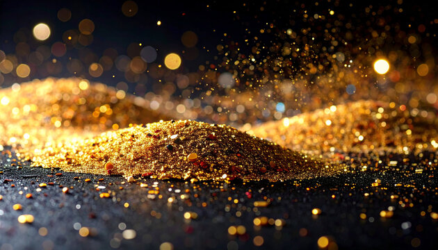 Glittering gold particles on dark surface