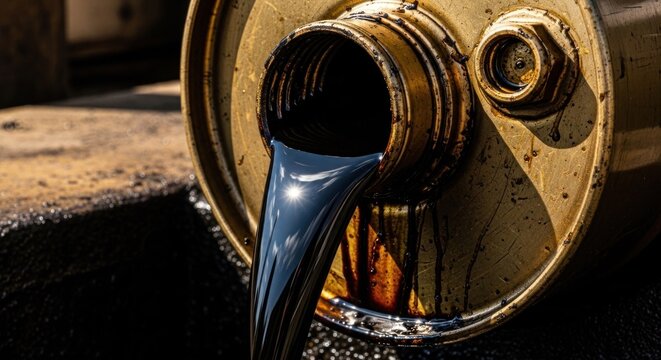 Dark, viscous liquid pours from metal drum