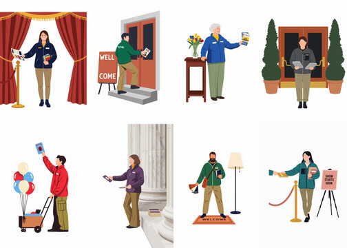 Collection of illustrations depicting diverse event staff, ushers, and greeters performing various duties at entertainment venues and public events.