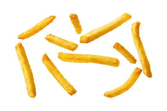 Golden crispy french fries isolated on light gray background, appetizing fast food potato snack arranged in floating composition
