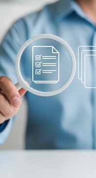 Magnifying glass over checklist document, business analysis and verification concept