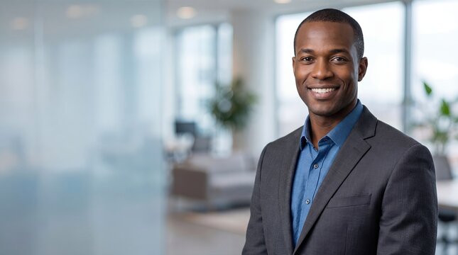 Confident African American Businessman Smiling in Modern Office