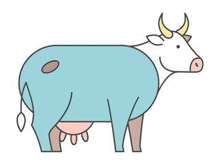 Fototapeta premium Stylized cartoon illustration of a light blue cow with pink udder and yellow horns standing sideways on a transparent background
