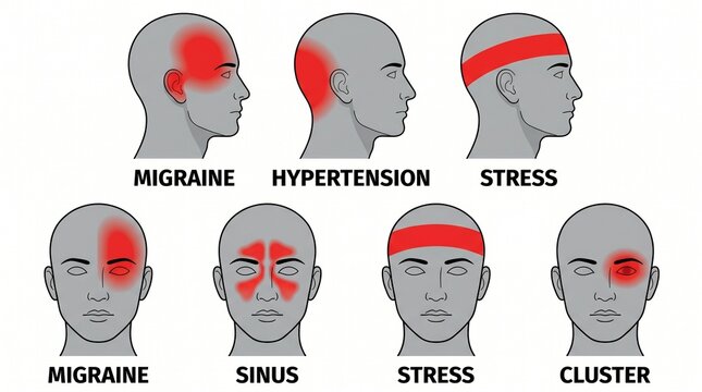 Medical illustration showing head pain locations for migraine stress sinus