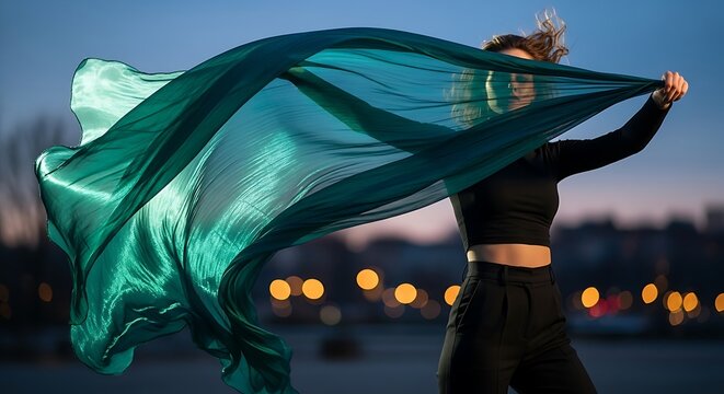 Young woman dancing with a teal silk fabric outdoors at sunset