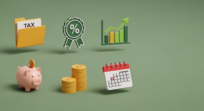Three dimensional representing tax folder, percentage badge, rising bar graph, piggy bank, coin stacks, and calendar on a green background