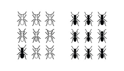 Ant insect colony collection icon set in various line art and solid black silhouette styles for biology research and pest control branding isolated on a white background © Chris