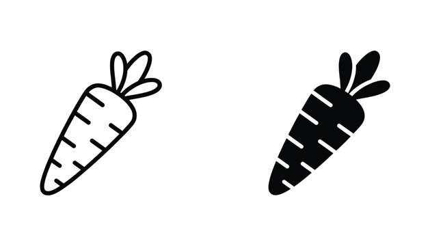 Fresh carrot vegetable icon set in clean line art and solid black silhouette styles for healthy eating and agriculture branding isolated on a crisp white background
