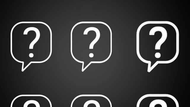 White question mark speech bubble icons scroll vertically against a dark gradient background.