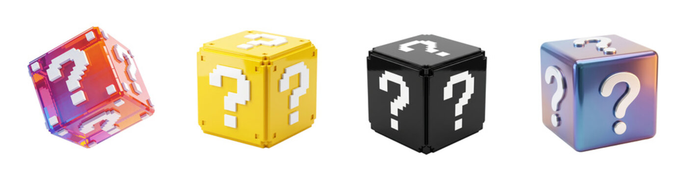 Four boxes with question marks are lined up. Each box has a different color and design. These boxes are common in video games and often represent unknown items or rewards