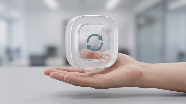 Hand Holding Transparent Glass Refresh Icon Button in Bright Modern Office 3d render
