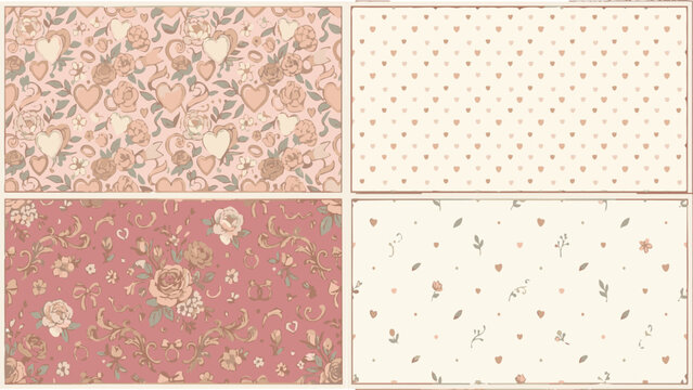 Romantic Seamless Pattern Collection Love Theme Background with Hearts Flowers Wedding Valentine Design Vector