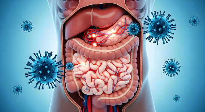 Transparent human torso showing internal abdominal organs affected by circulating virus particles and disease