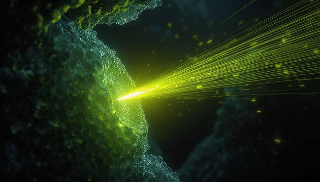 Luciferase enzyme bioluminescence reaction luciferin entering active site, oxygen binding, oxyluciferin emitting bright yellow‑green flash, firefly lantern organ environment, reflective crystals
