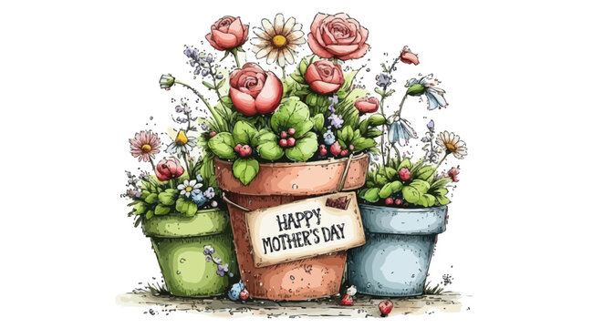 Happy Mothers Day flowers in pots with roses and daisies