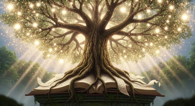 Tree roots growing from open book with sunlight rays in forest