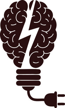 Brain shaped light bulb with electrical plug and lightning bolt  symbol of creative ideas and innovation