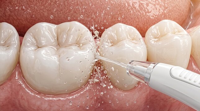 Oral irrigator nozzle cleaning interdental space with water jet, dental hygiene macro