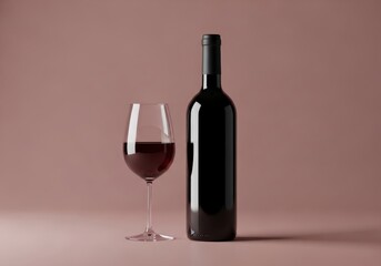 Fototapeta premium Red wine bottle and a filled glass stand against a muted neutral background.