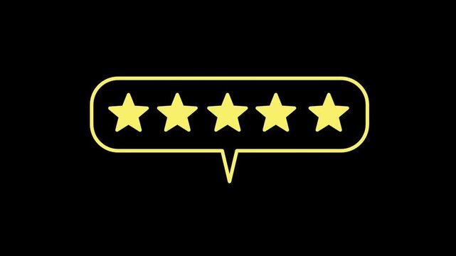 Five yellow stars appear sequentially inside a speech bubble icon on a solid black background.
