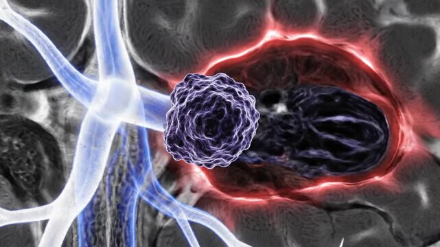 Brain Tumor Medical Visualization With Glowing Vascular Network And Neural Scan Animation