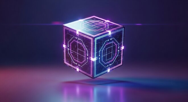 Futuristic glowing cube with digital circuits