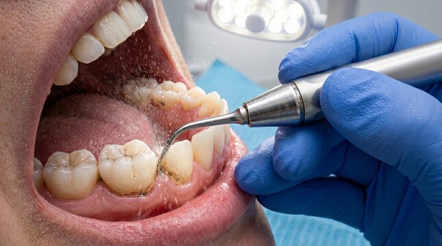 Gloved hands performing ultrasonic teeth cleaning with water spray, dental hygiene macro scene