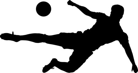 Une silhouette d'un footballeur en pleine extension, frappant le ballon avec puissance. Action dynamique de tir, athlétique © RVNW
