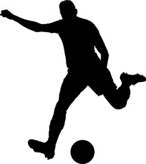 Une silhouette d'un footballeur frappant le ballon avec puissance sur un fond transparent © RVNW
