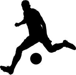 Une silhouette d'un footballeur frappant le ballon avec puissance sur un fond transparent © RVNW
