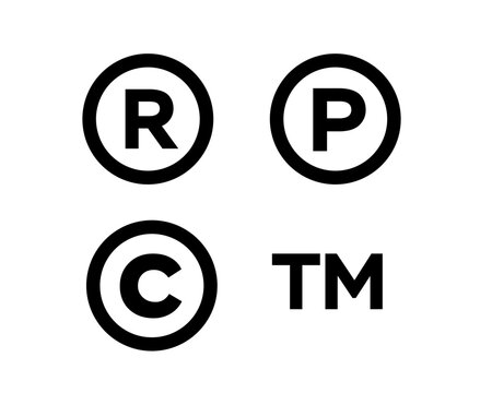 Set of intellectual property symbols. Vector icons for registered trademark (R), phonogram (P), copyright (C), and trademark (TM) on white background.