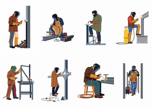 Flat Illustration Set of Professional Welders Working with Metal Structures and Industrial Equipment in Various Welding Processes and Positions