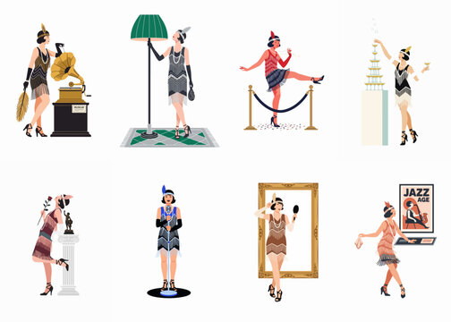 Set of Eight Flat Illustrations of 1920s Flapper Girls in Vintage Fashion, Featuring Jazz Age Elements and Roaring Twenties Party Scenes