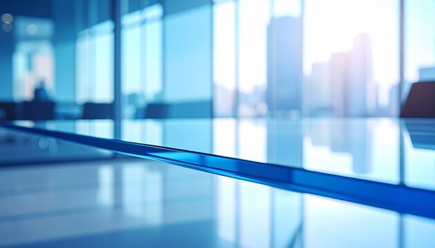 Wide angle view of a reflective glass conference table in a modern bright office with glass walls and indoor plants, professional corporate environment and interior design.