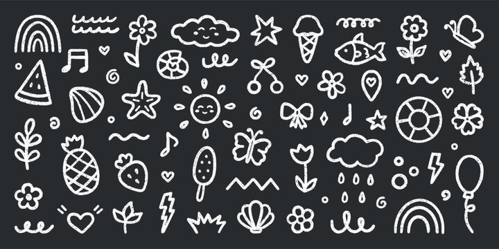 Crayon summer kids icons and chalk kindergarten hand drawn doodle set. Cute pencil vacation elements with grunge texture. Hand drawn childish scribble rainbow, sun, flower, cloud in sketch style