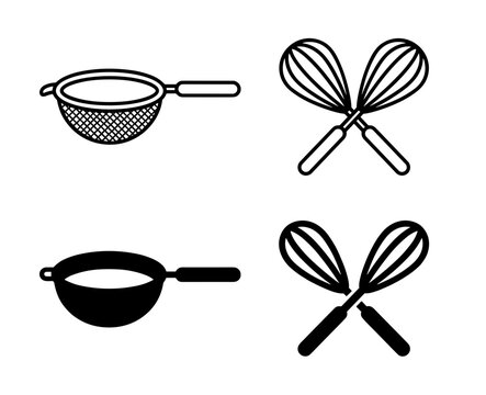 Kitchen Cooking Utensils Icons Set, Stainless Steel Fine Mesh Strainer and Crossed Wire Whisk Vector Symbols for Bakery and Food Preparation