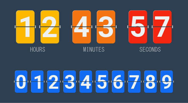 Modern flip clock countdown timer vector set with retro split flap number cards for hours, minutes and seconds. Minimal flat design vector illustration isolated on background. Digital timer interface.