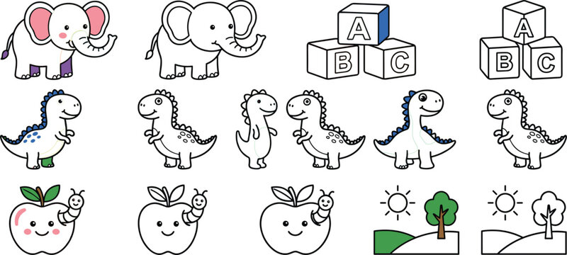 Cute coloring book vector illustration set with elephants, dinosaurs, apples, alphabet blocks and nature scenes for kids educational activities