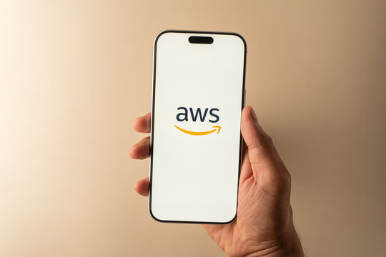 Amazon web services or AWS logo is displayed on the screen of a smartphone, in Bangalore, India, on May 11, 2026