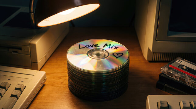Love Mix CD Stack under Desk Lamp with Retro Computer Gear