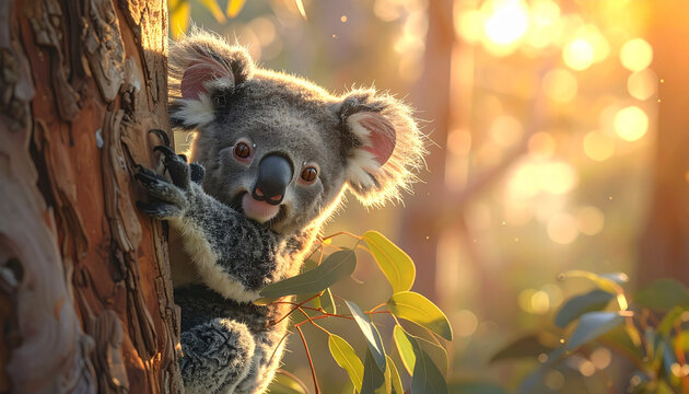 Koala bear hanging on tree trunk