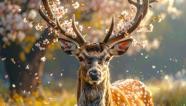 Majestic deer in blossom filled forest