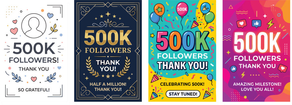 500K followers thank you vector banner set with colorful social media milestone templates and celebration appreciation card designs isolated on light background