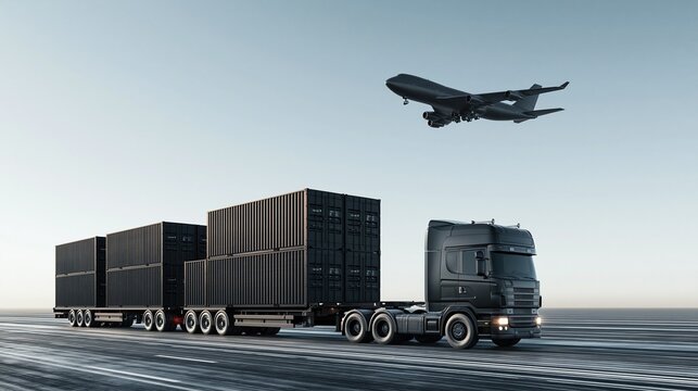 Black heavy truck carrying stacked shipping containers on road with commercial passenger airplane flying above showing global intermodal freight transport and complete logistics network concept