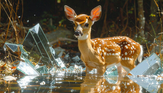 Young deer standing near broken glass