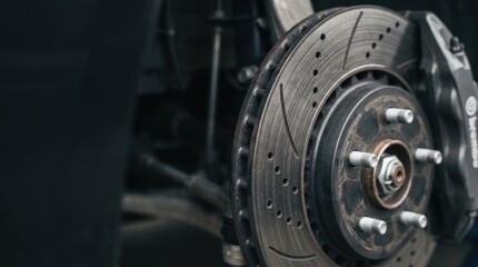 Fototapeta premium Close-up of a perforated automotive brake rotor with visible wear and grooves, highlighting mechanical detail