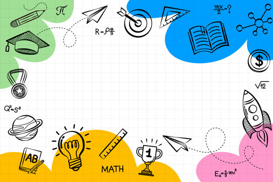 Education doodle frame with copy space for text. Creative school background with hand-drawn icons for e-learning, online education banner, or student webinar slide.