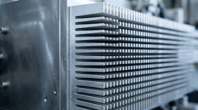 Detailed view of an industrial aluminum heat sink with numerous fins for efficient cooling of electronic components