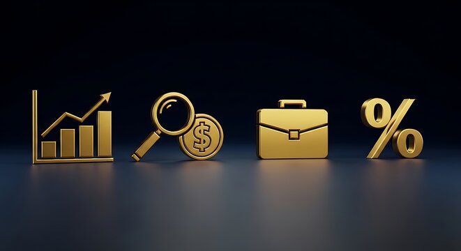 Four golden representing a rising bar graph, a magnifying glass with a dollar coin, a briefcase, and a percentage symbol on a dark background