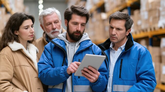 Warehouse Insights: A group of focused individuals reviews data on a digital tablet within a bustling warehouse, showcasing their collaborative efforts towards efficiency and operational excellence.